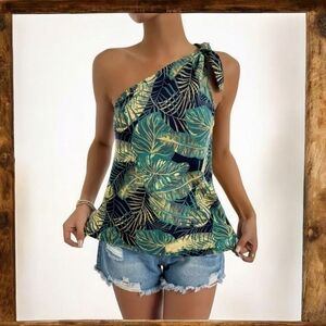 New! One-Shoulder Leaf Print Blouse – Sleeveless Vacation Top Sz Xlarge